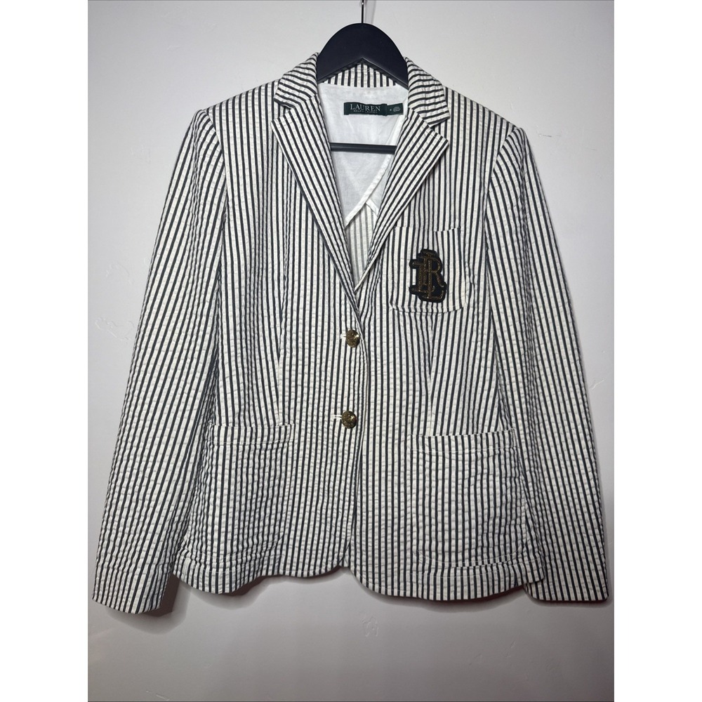 Lauren Ralph Lauren Womens 4 Seersucker Blazer Navy White Crest Gold Button